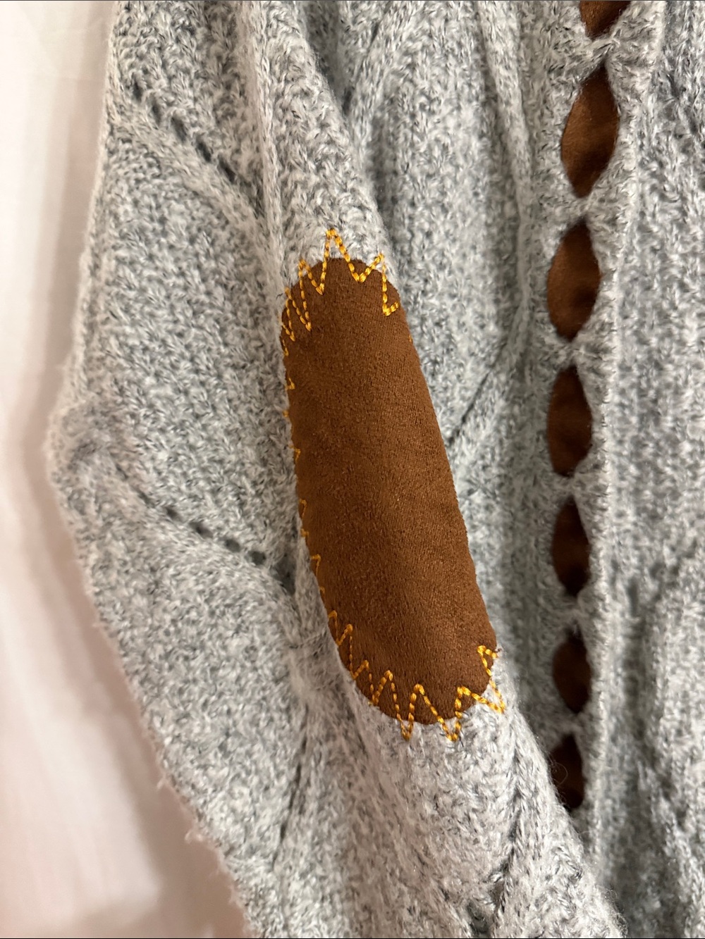 POL Light Gray Open Cable-Knit Cardigan with Brown Elbow Patches - Picture 5 of 16
